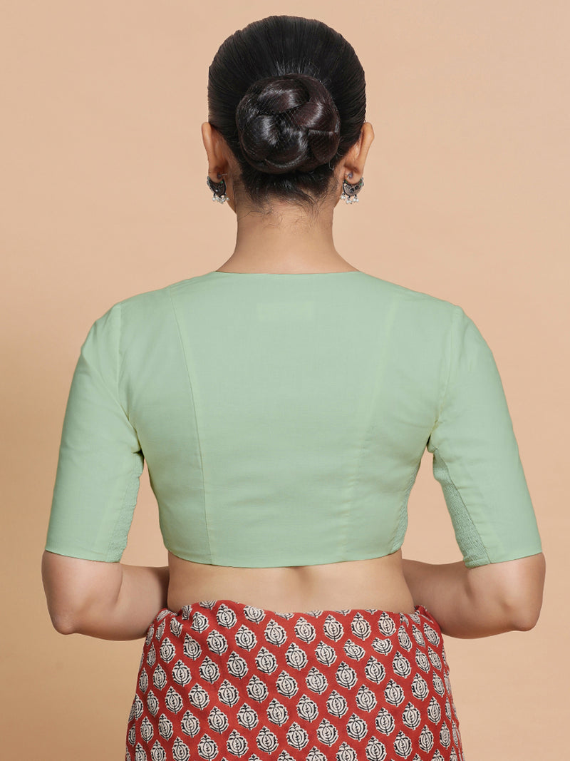 Koel x Rozaana | Round Neck Light Sage Plain Cotton Saree Blouse-Binks