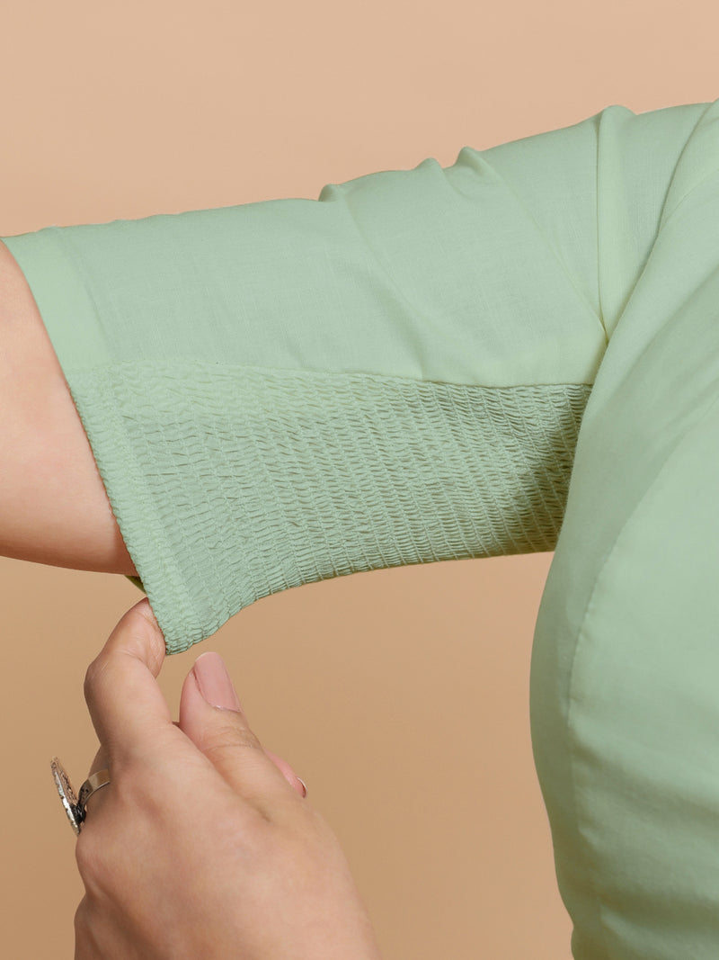 Koel x Rozaana | Round Neck Light Sage Plain Cotton Saree Blouse-Binks
