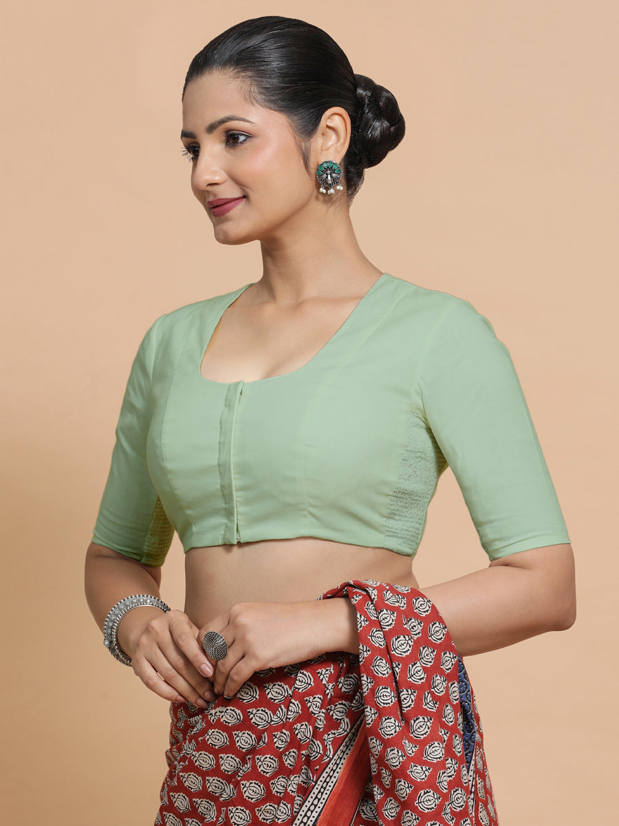 Koel x Rozaana Saree Blouse, in Green Cotton, featuring elbow sleeves and round neckline, made for daily & work (view 7).