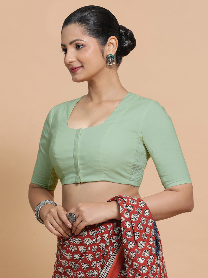 Koel x Rozaana | Round Neck Light Sage Plain Cotton Saree Blouse-Binks