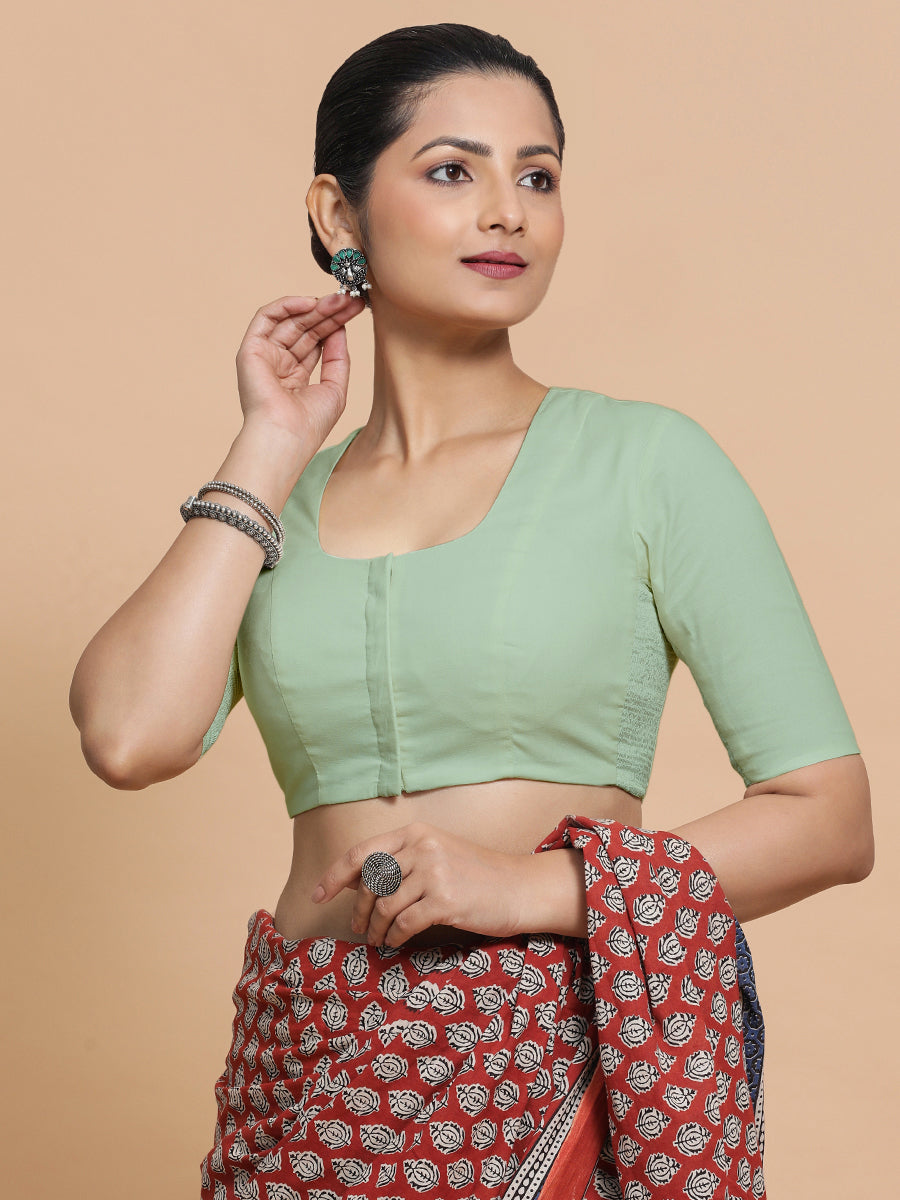 Koel x Rozaana Saree Blouse, in Green Cotton, featuring elbow sleeves and round neckline, made for daily & work (view 8).