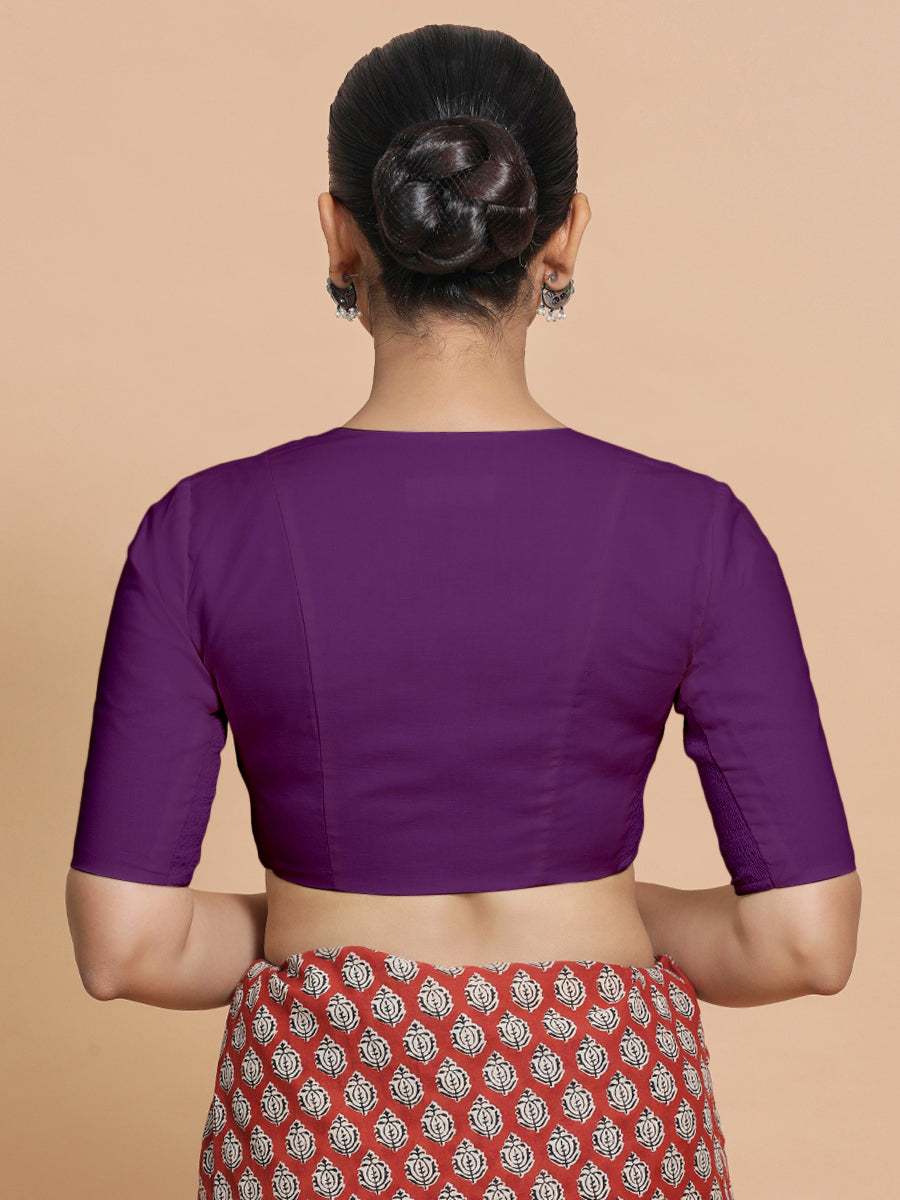 Koel x Rozaana Saree Blouse, in Purple Cotton, featuring elbow sleeves and round neckline, made for daily & work (view 2).