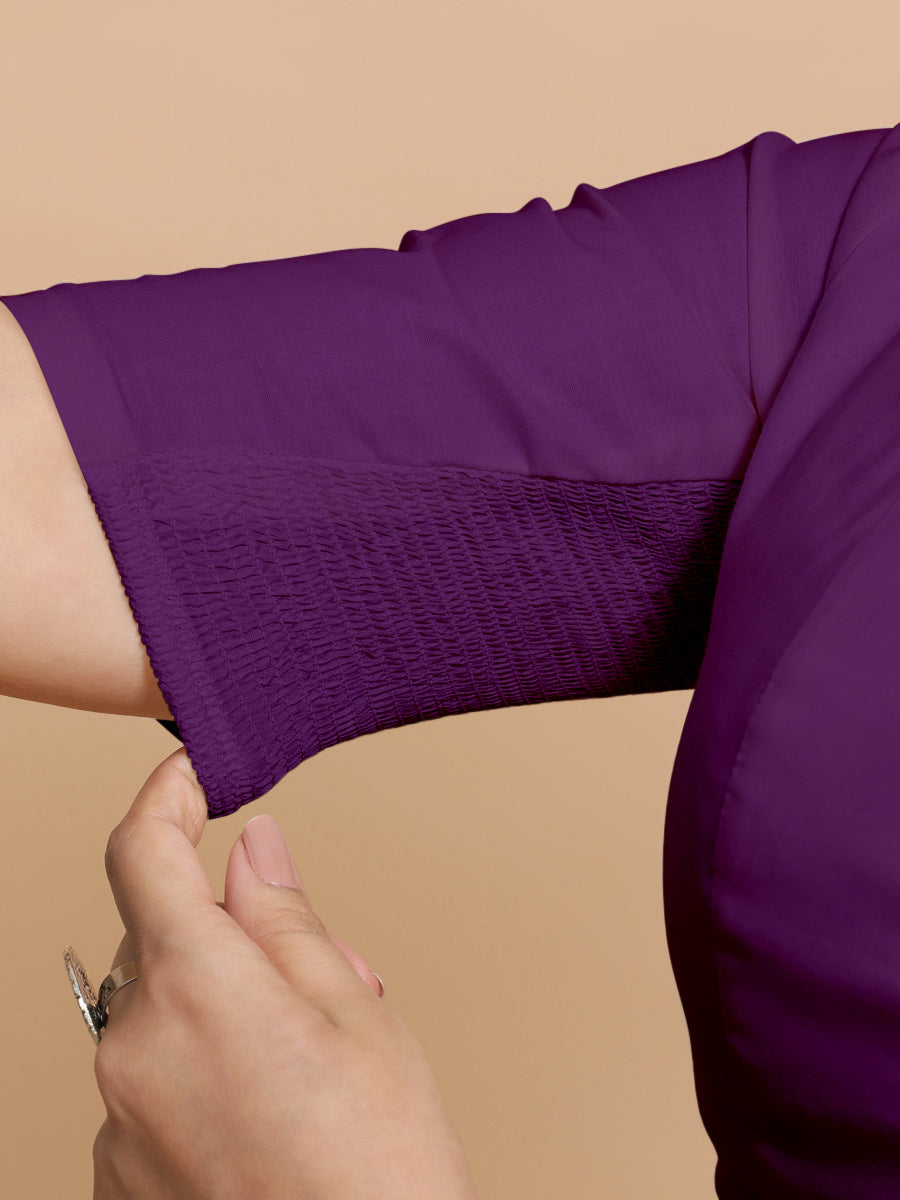 Koel x Rozaana Saree Blouse, in Purple Cotton, featuring elbow sleeves and round neckline, made for daily & work (view 4).