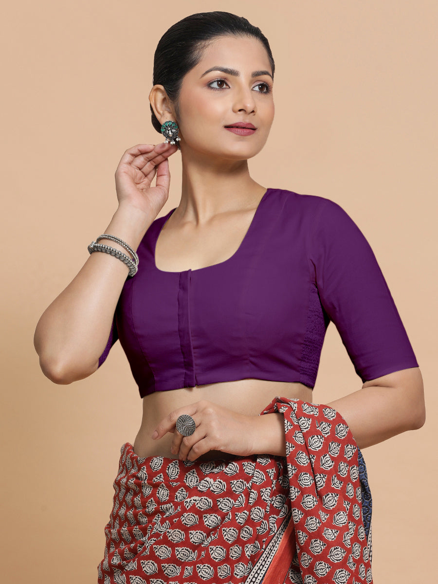 Koel x Rozaana Saree Blouse, in Purple Cotton, featuring elbow sleeves and round neckline, made for daily & work (view 7).
