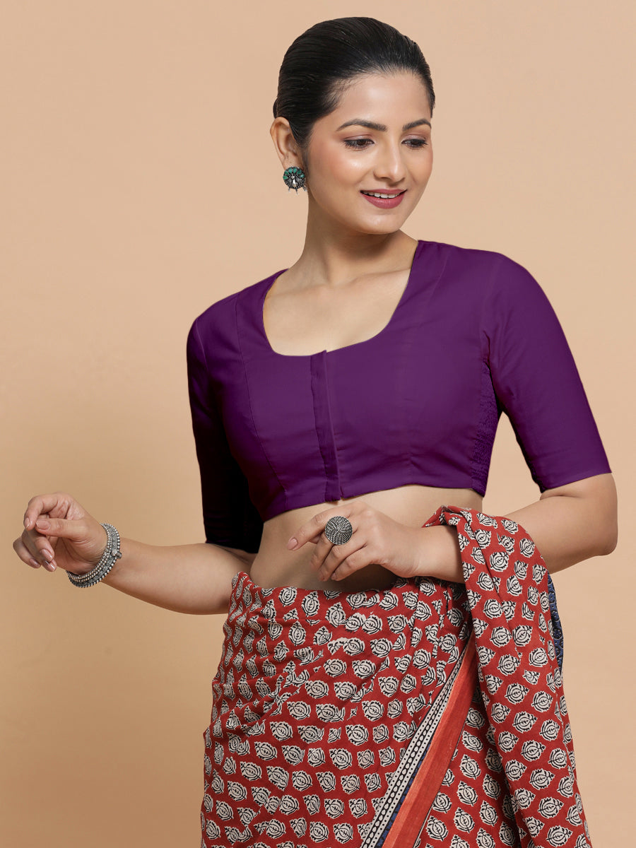 Koel x Rozaana Saree Blouse, in Purple Cotton, featuring elbow sleeves and round neckline, made for daily & work (view 8).