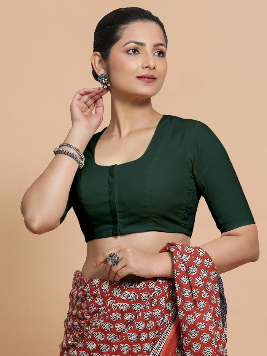 Koel x Rozaana Saree Blouse, in Green Cotton, featuring elbow sleeves and round neckline, made for daily & work.