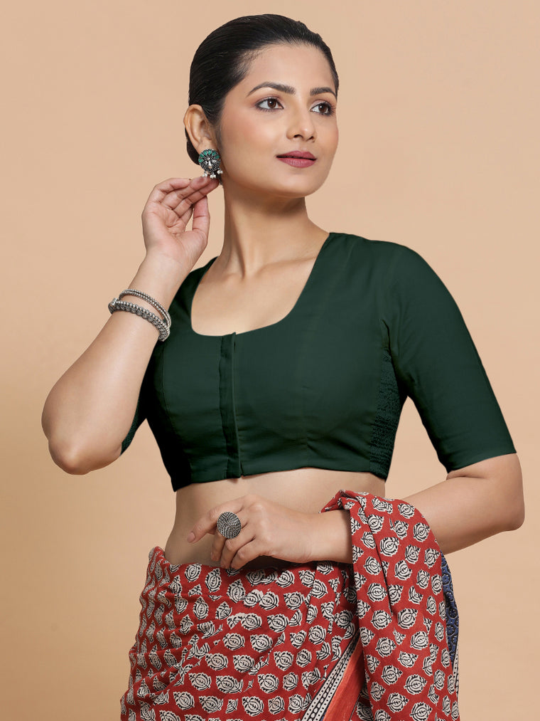 Koel x Rozaana Saree Blouse, in Green Cotton, featuring elbow sleeves and round neckline, made for daily & work.