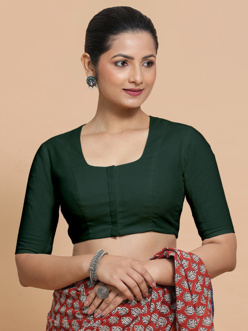 Koel x Rozaana | Round Neck Moss Green Plain Cotton Saree Blouse-Binks