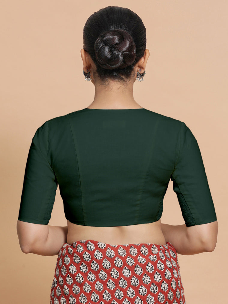 Koel x Rozaana Saree Blouse, in Green Cotton, featuring elbow sleeves and round neckline, made for daily & work (view 2).