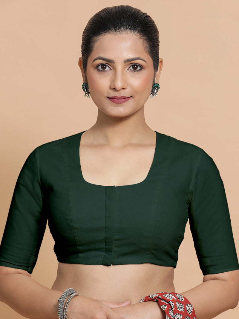 Koel x Rozaana | Round Neck Moss Green Plain Cotton Saree Blouse-Binks