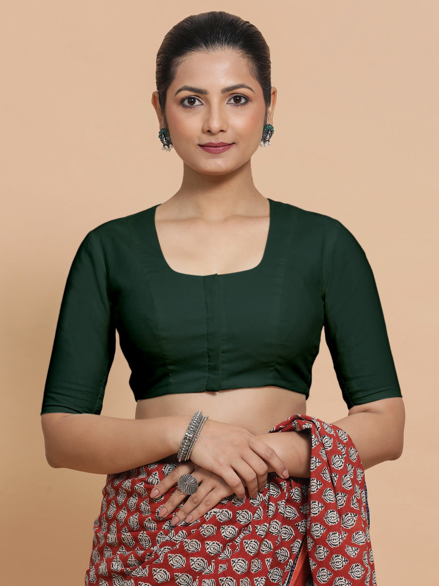 Koel x Rozaana Saree Blouse, in Green Cotton, featuring elbow sleeves and round neckline, made for daily & work (view 6).