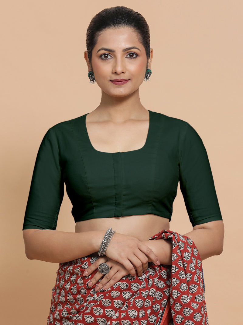 Koel x Rozaana | Round Neck Moss Green Plain Cotton Saree Blouse-Binks
