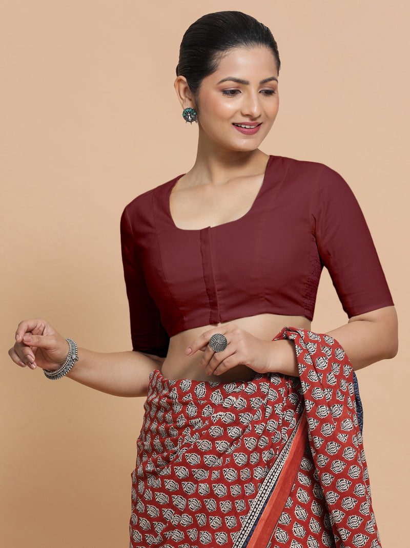 Koel x Rozaana | Round Neck Royal Maroon Plain Cotton Saree Blouse-Binks