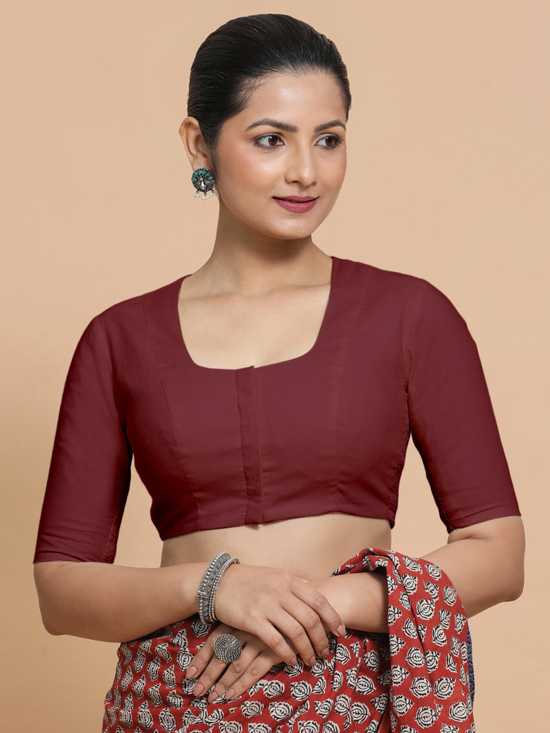 Koel x Rozaana | Round Neck Royal Maroon Plain Cotton Saree Blouse-Binks
