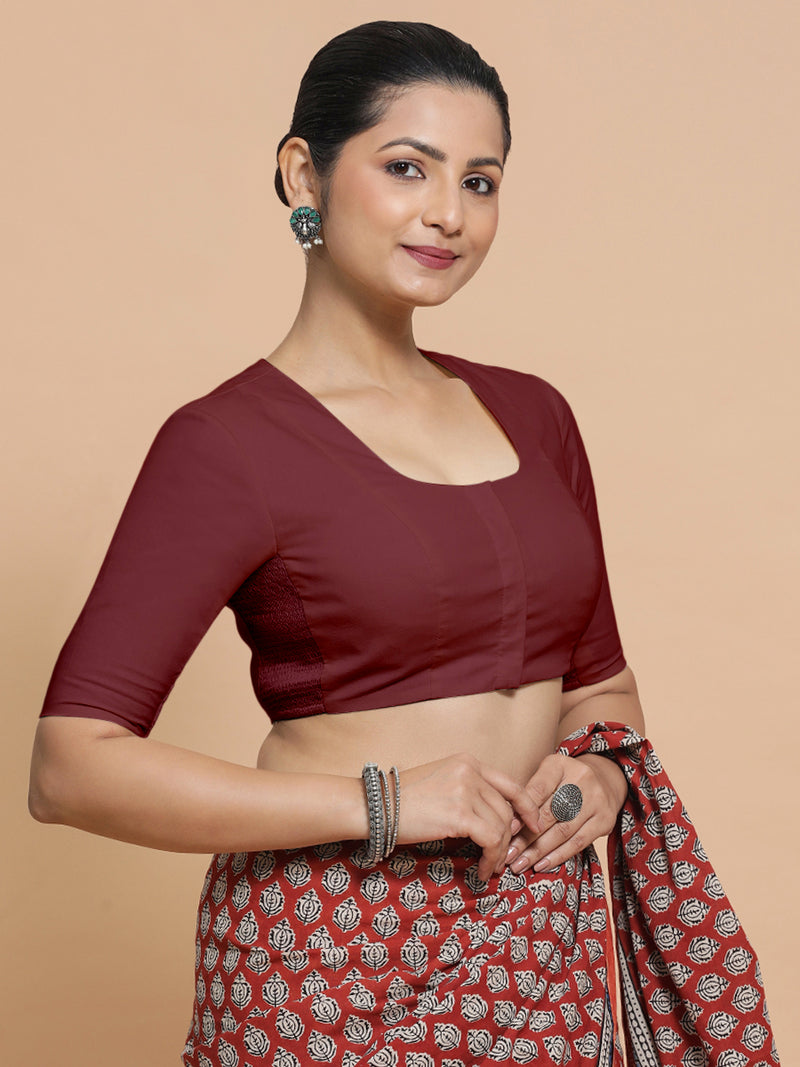 Koel x Rozaana | Round Neck Royal Maroon Plain Cotton Saree Blouse-Binks
