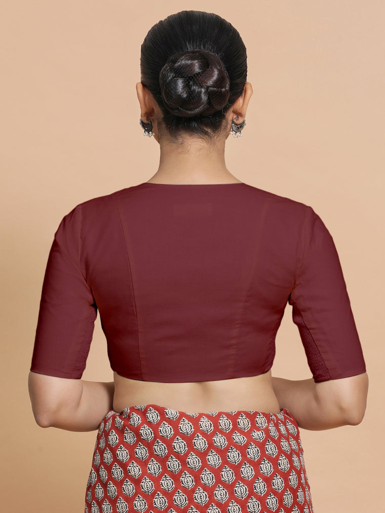Koel x Rozaana Saree Blouse, in Maroon Cotton, featuring elbow sleeves and round neckline, made for daily & work (view 2).