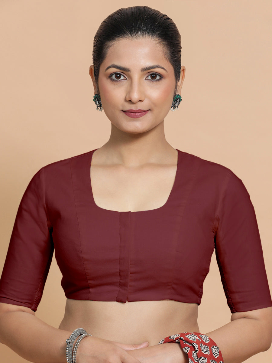 Koel x Rozaana Saree Blouse, in Maroon Cotton, featuring elbow sleeves and round neckline, made for daily & work (view 5).