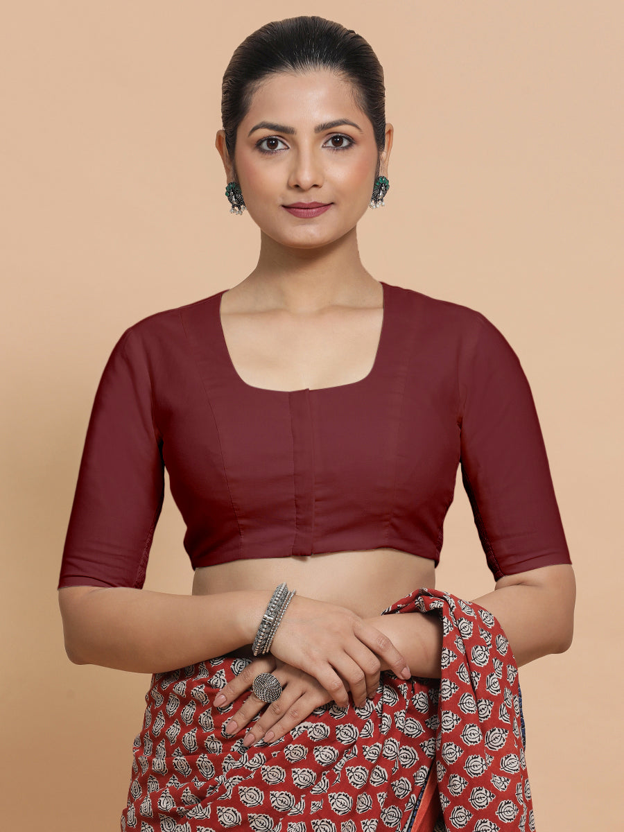 Koel x Rozaana Saree Blouse, in Maroon Cotton, featuring elbow sleeves and round neckline, made for daily & work (view 6).