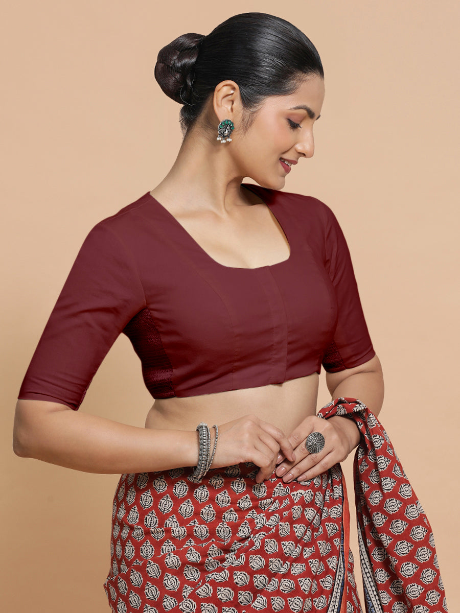 Koel x Rozaana Saree Blouse, in Maroon Cotton, featuring elbow sleeves and round neckline, made for daily & work (view 7).