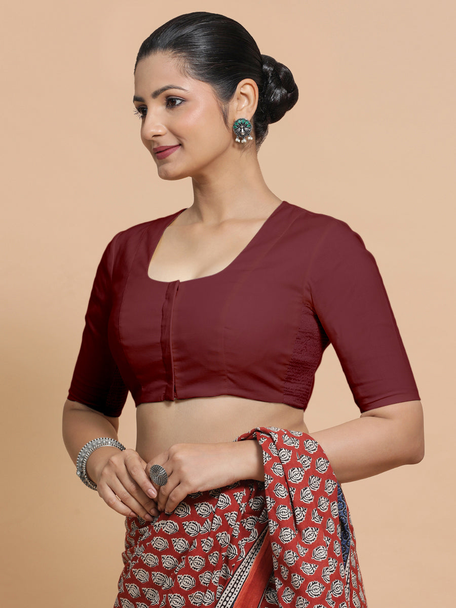Koel x Rozaana Saree Blouse, in Maroon Cotton, featuring elbow sleeves and round neckline, made for daily & work (view 8).