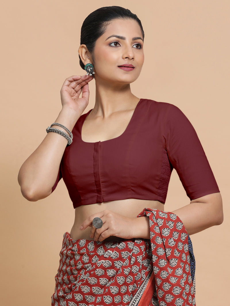Koel x Rozaana | Round Neck Royal Maroon Plain Cotton Saree Blouse-Binks
