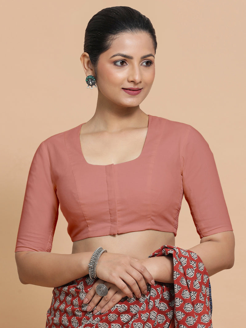 Koel x Rozaana | Round Neck Soft Peach Plain Cotton Saree Blouse-Binks