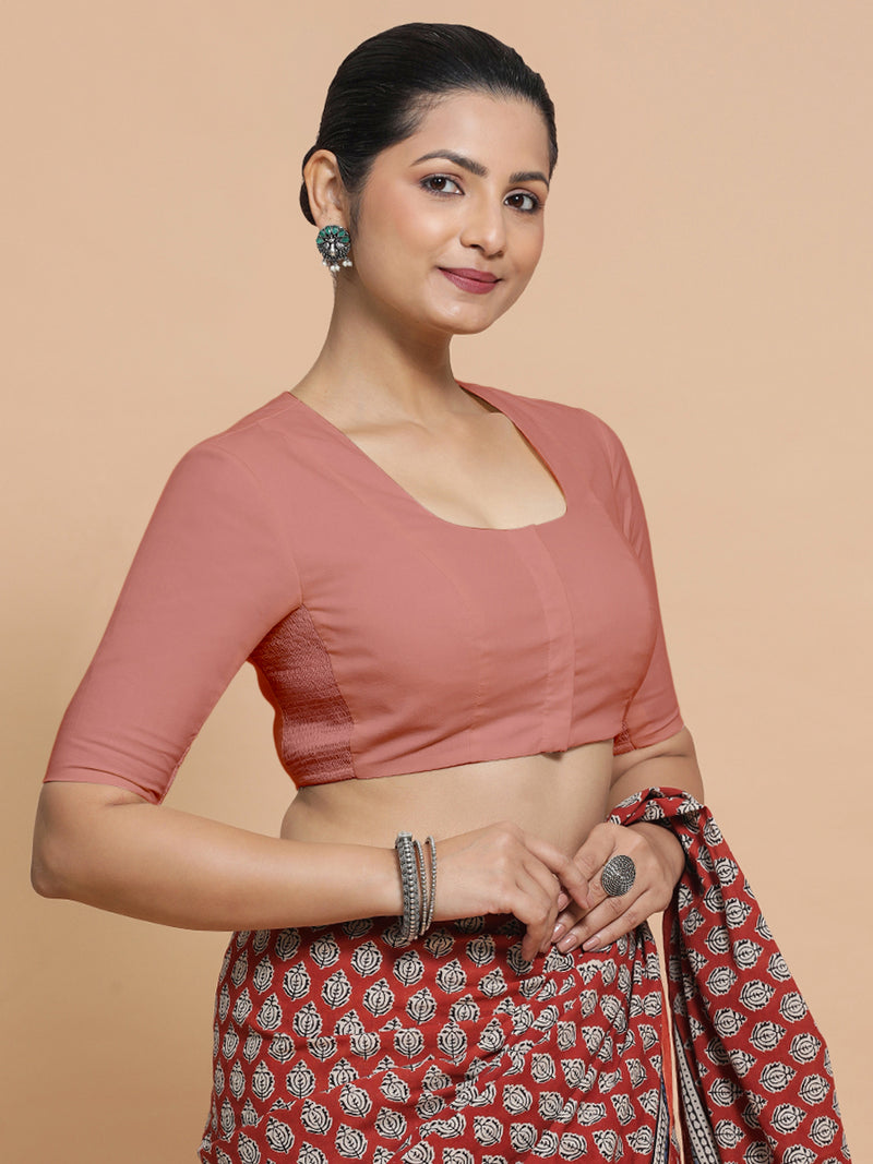 Koel x Rozaana | Round Neck Soft Peach Plain Cotton Saree Blouse-Binks