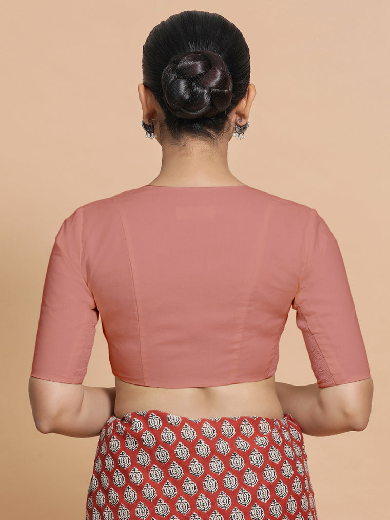 Koel x Rozaana Saree Blouse, in Peach Cotton, featuring elbow sleeves and round neckline, made for daily & work (view 2).