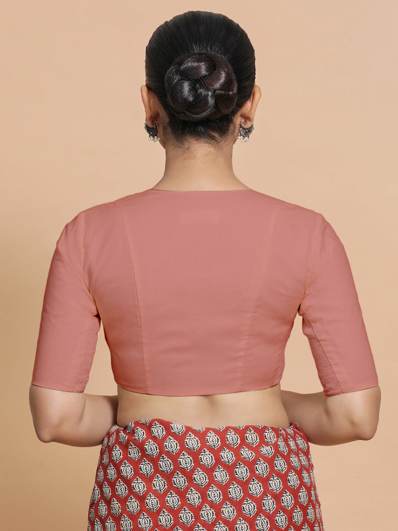 Koel x Rozaana | Round Neck Soft Peach Plain Cotton Saree Blouse-Binks