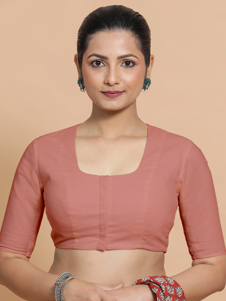 Koel x Rozaana Saree Blouse, in Peach Cotton, featuring elbow sleeves and round neckline, made for daily & work (view 5).