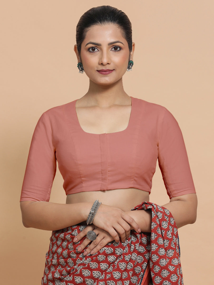 Koel x Rozaana Saree Blouse, in Peach Cotton, featuring elbow sleeves and round neckline, made for daily & work (view 6).