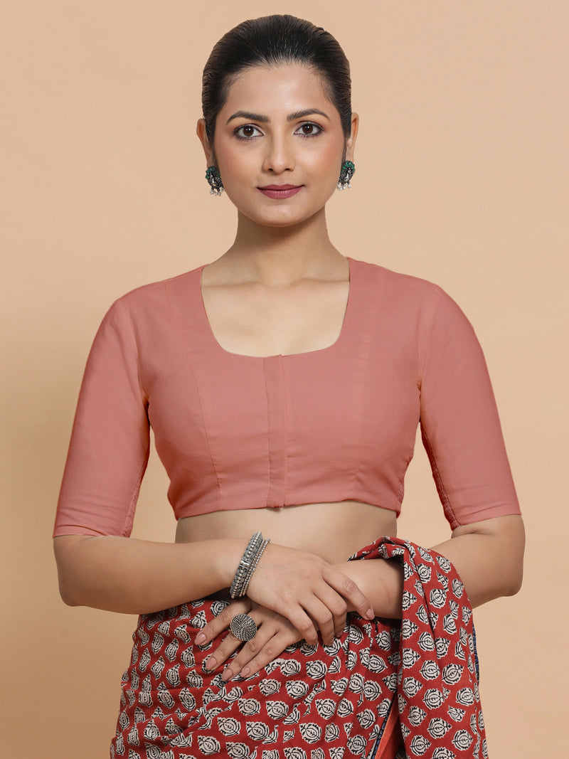 Koel x Rozaana | Round Neck Soft Peach Plain Cotton Saree Blouse-Binks
