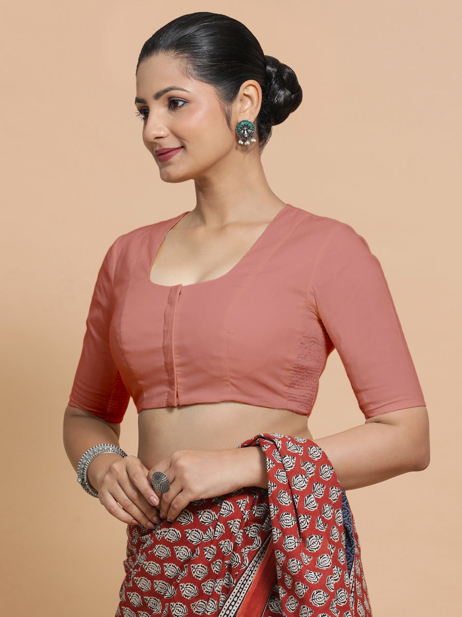 Koel x Rozaana Saree Blouse, in Peach Cotton, featuring elbow sleeves and round neckline, made for daily & work (view 8).