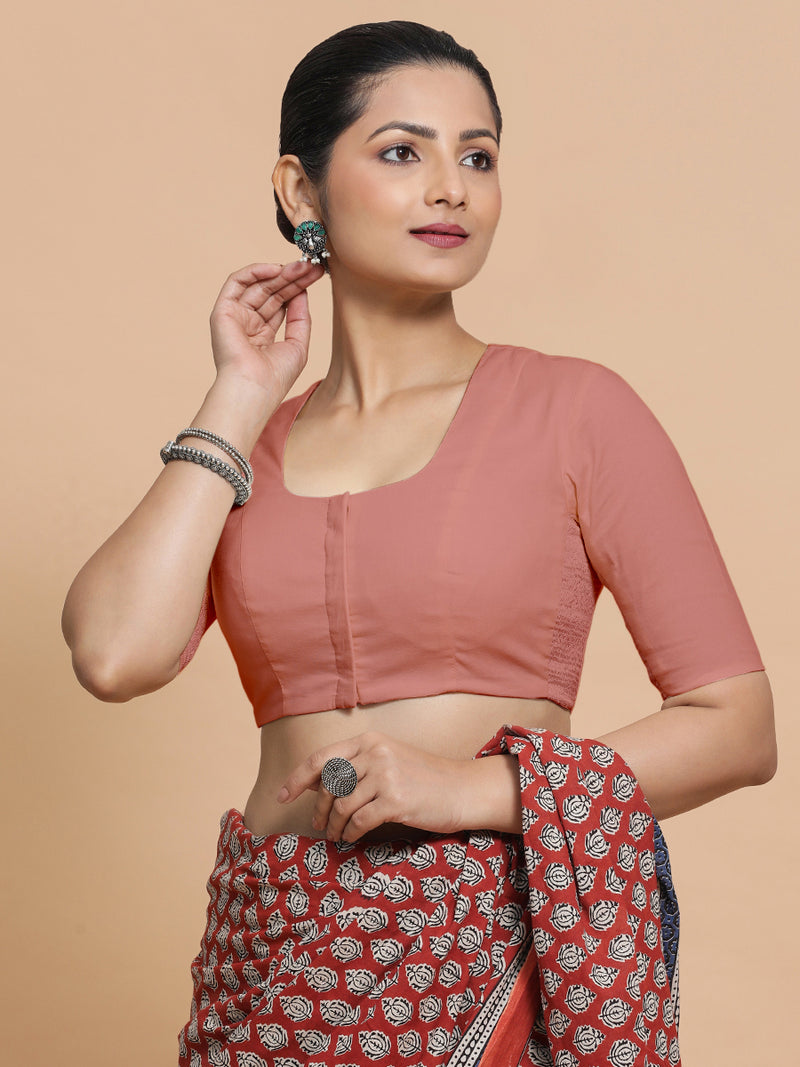 Koel x Rozaana | Round Neck Soft Peach Plain Cotton Saree Blouse-Binks