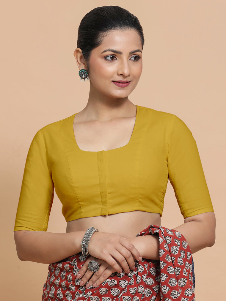 Koel x Rozaana Saree Blouse, in Yellow Cotton, featuring elbow sleeves and round neckline, made for daily & work.