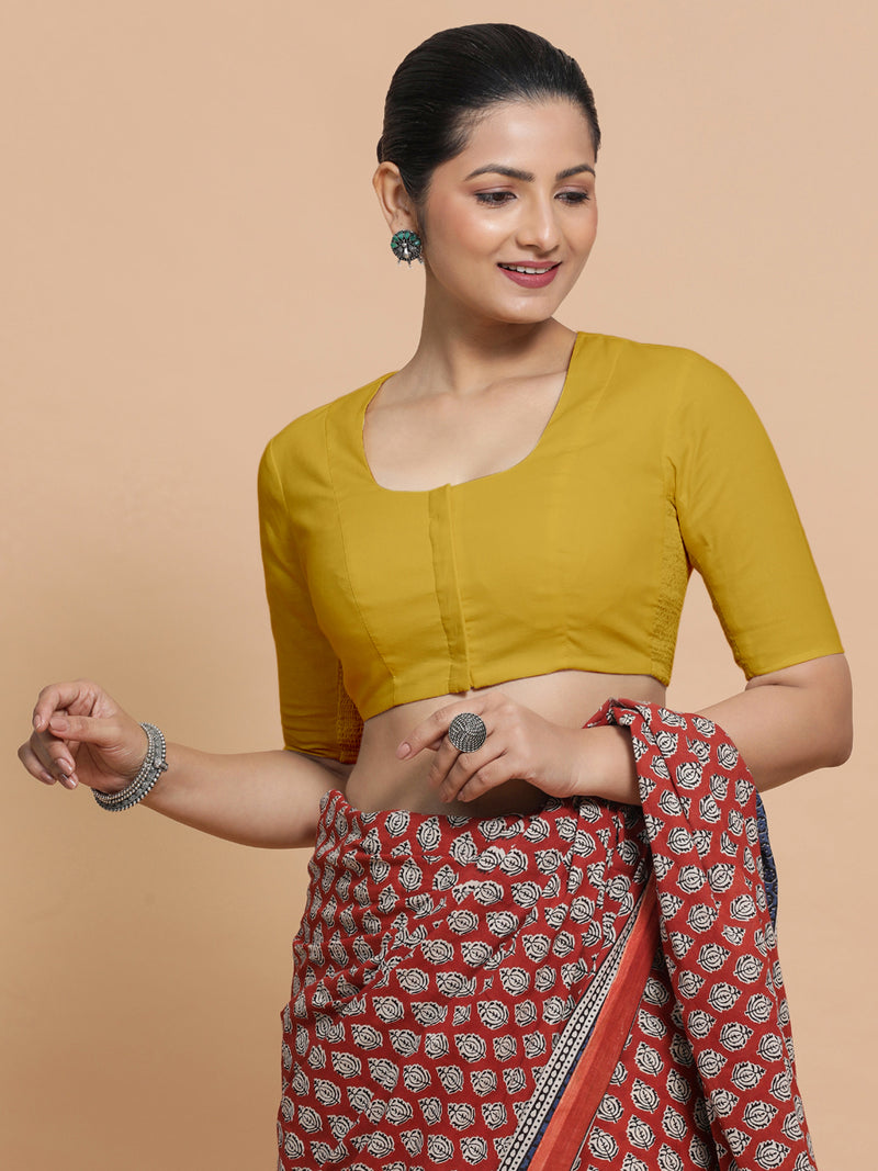 Koel x Rozaana | Round Neck Sunny Yellow Plain Cotton Saree Blouse-Binks