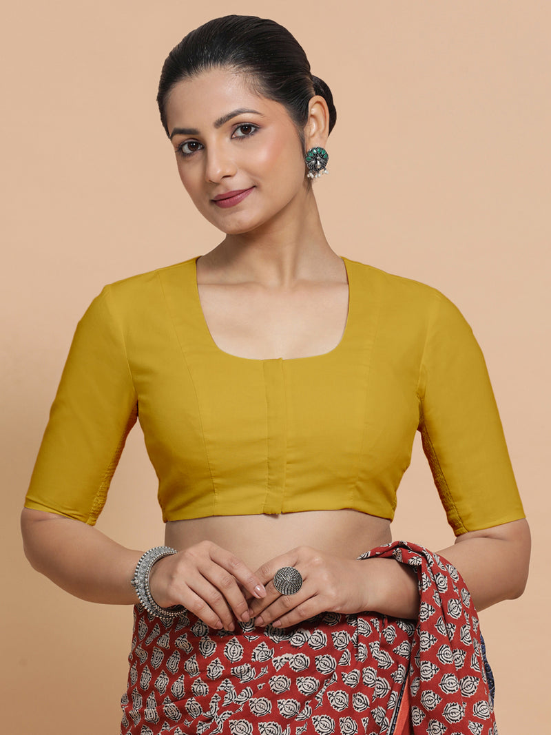 Koel x Rozaana | Round Neck Sunny Yellow Plain Cotton Saree Blouse-Binks