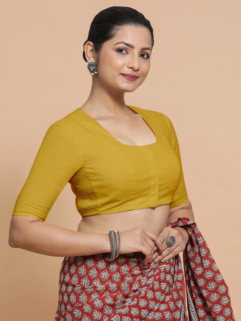 Koel x Rozaana | Round Neck Sunny Yellow Plain Cotton Saree Blouse-Binks