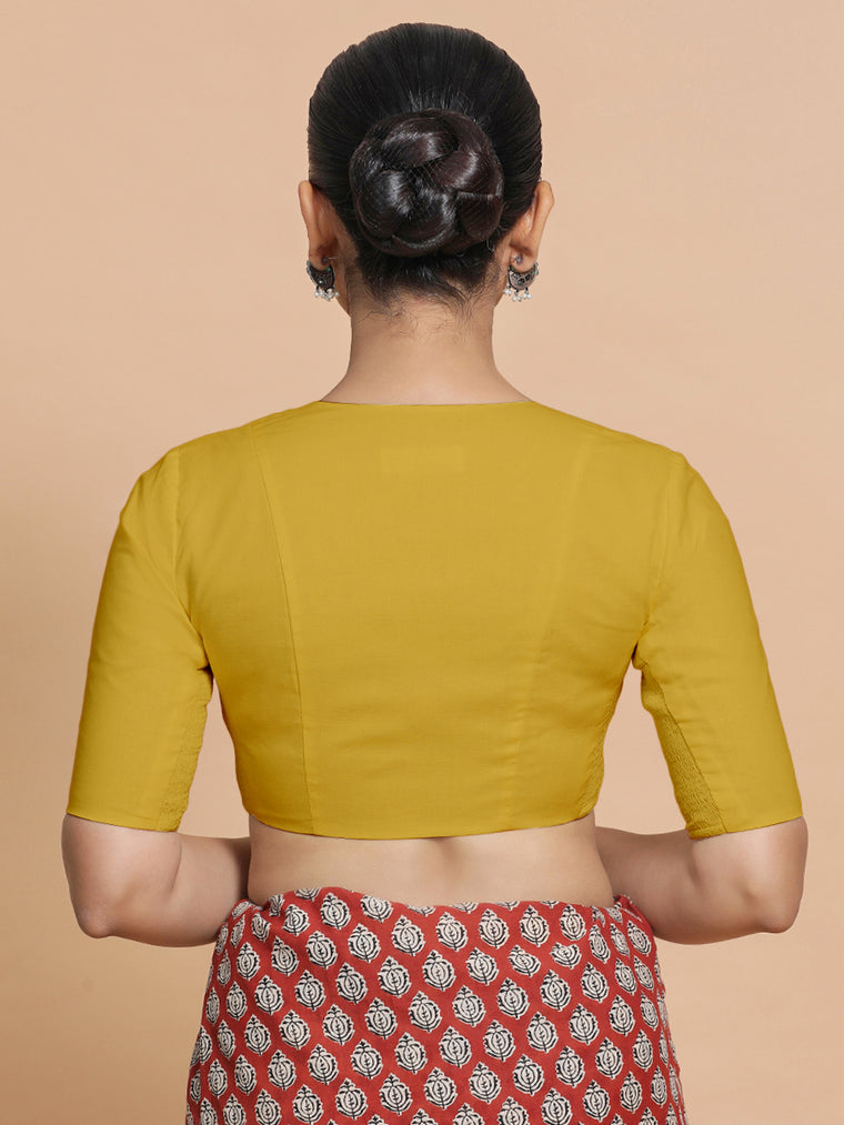 Koel x Rozaana Saree Blouse, in Yellow Cotton, featuring elbow sleeves and round neckline, made for daily & work (view 2).