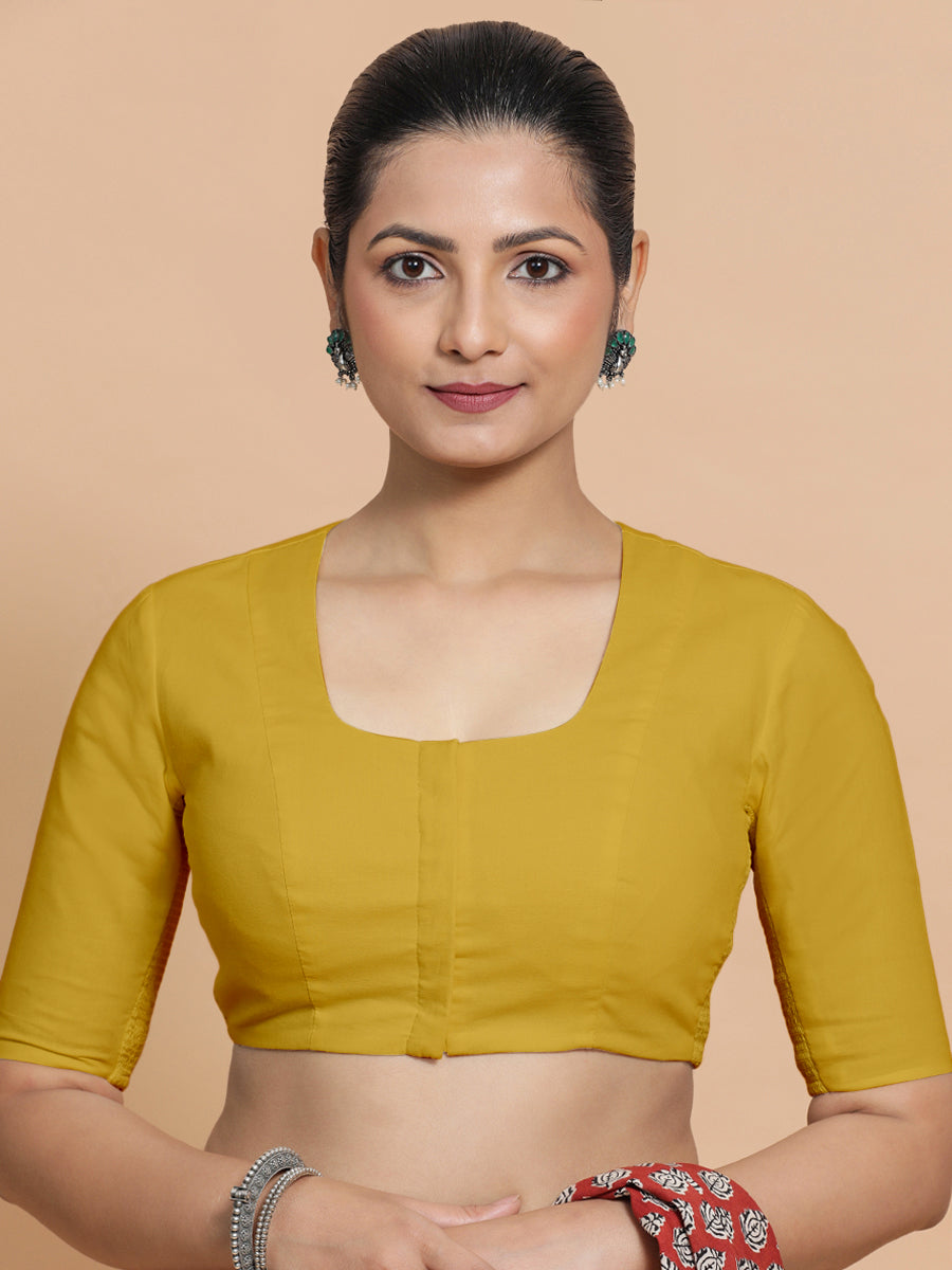 Koel x Rozaana Saree Blouse, in Yellow Cotton, featuring elbow sleeves and round neckline, made for daily & work (view 5).