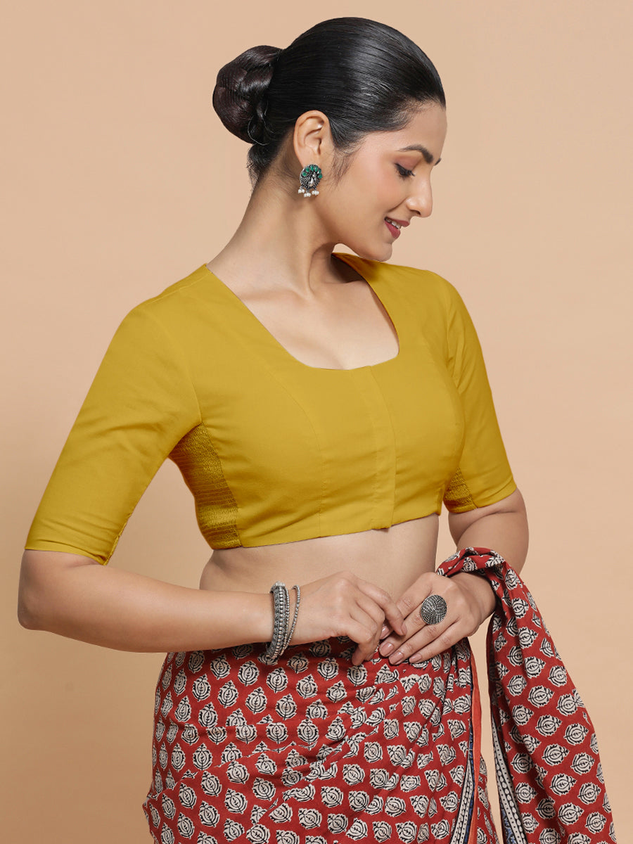 Koel x Rozaana Saree Blouse, in Yellow Cotton, featuring elbow sleeves and round neckline, made for daily & work (view 7).