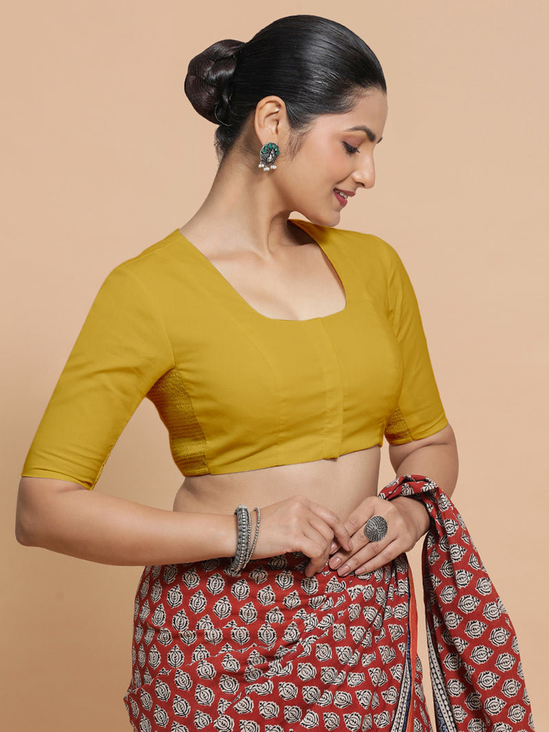 Koel x Rozaana | Round Neck Sunny Yellow Plain Cotton Saree Blouse-Binks