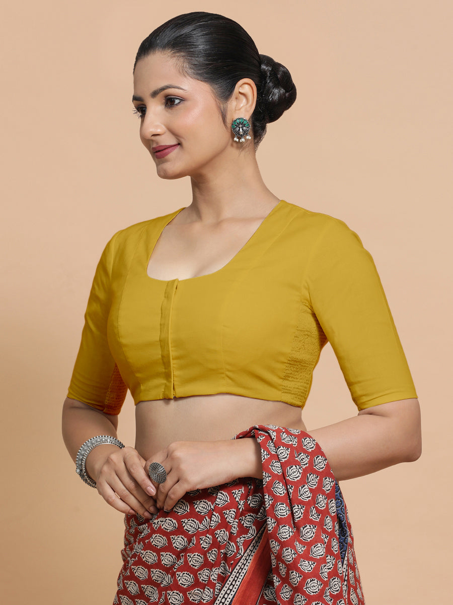 Koel x Rozaana Saree Blouse, in Yellow Cotton, featuring elbow sleeves and round neckline, made for daily & work (view 8).