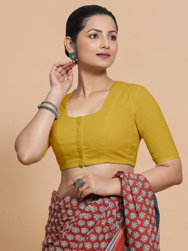 Koel x Rozaana | Round Neck Sunny Yellow Plain Cotton Saree Blouse-Binks
