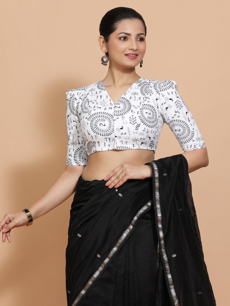 Komal x Rozaana | Elbow Sleeves Cotton Saree Blouse in White Warli Print Fabric-Binks