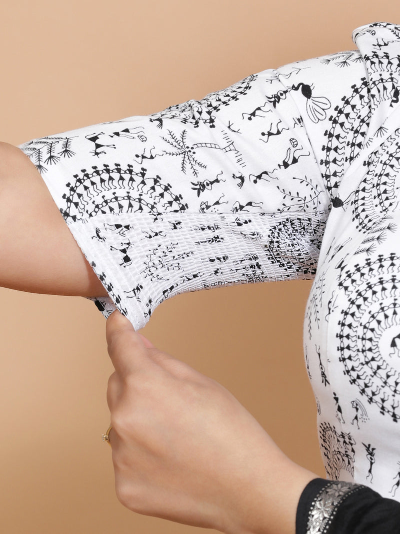 Komal x Rozaana | Elbow Sleeves Cotton Saree Blouse in White Warli Print Fabric-Binks