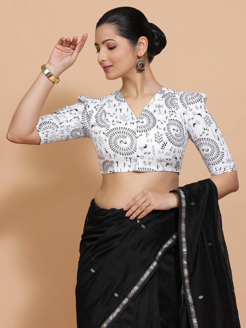 Komal x Rozaana | Elbow Sleeves Cotton Saree Blouse in White Warli Print Fabric-Binks