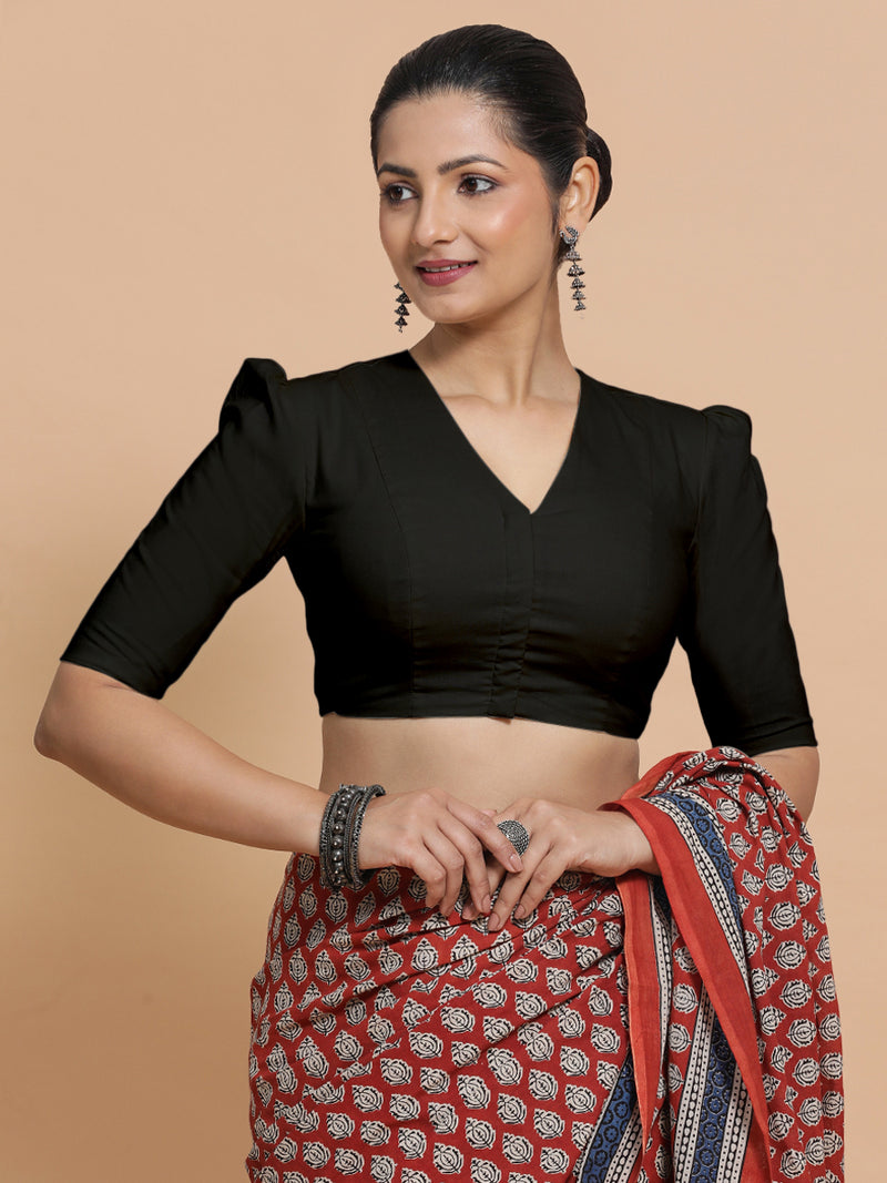 Kriti x Rozaana | V-Neck Black Plain Cotton Saree Blouse-Binks