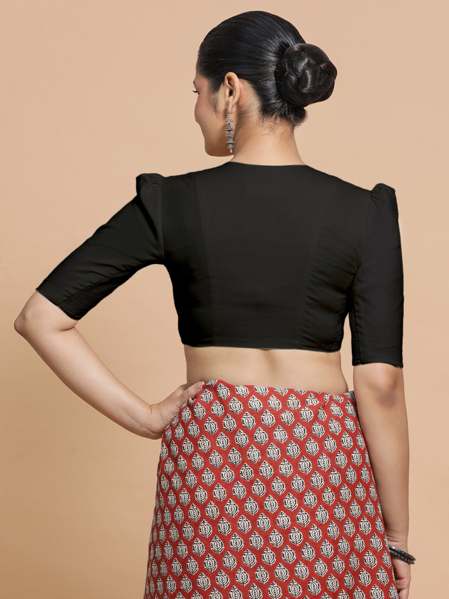 Kriti x Rozaana Saree Blouse, in Black Cotton, featuring elbow sleeves and v-neckline, made for daily & work (view 2).
