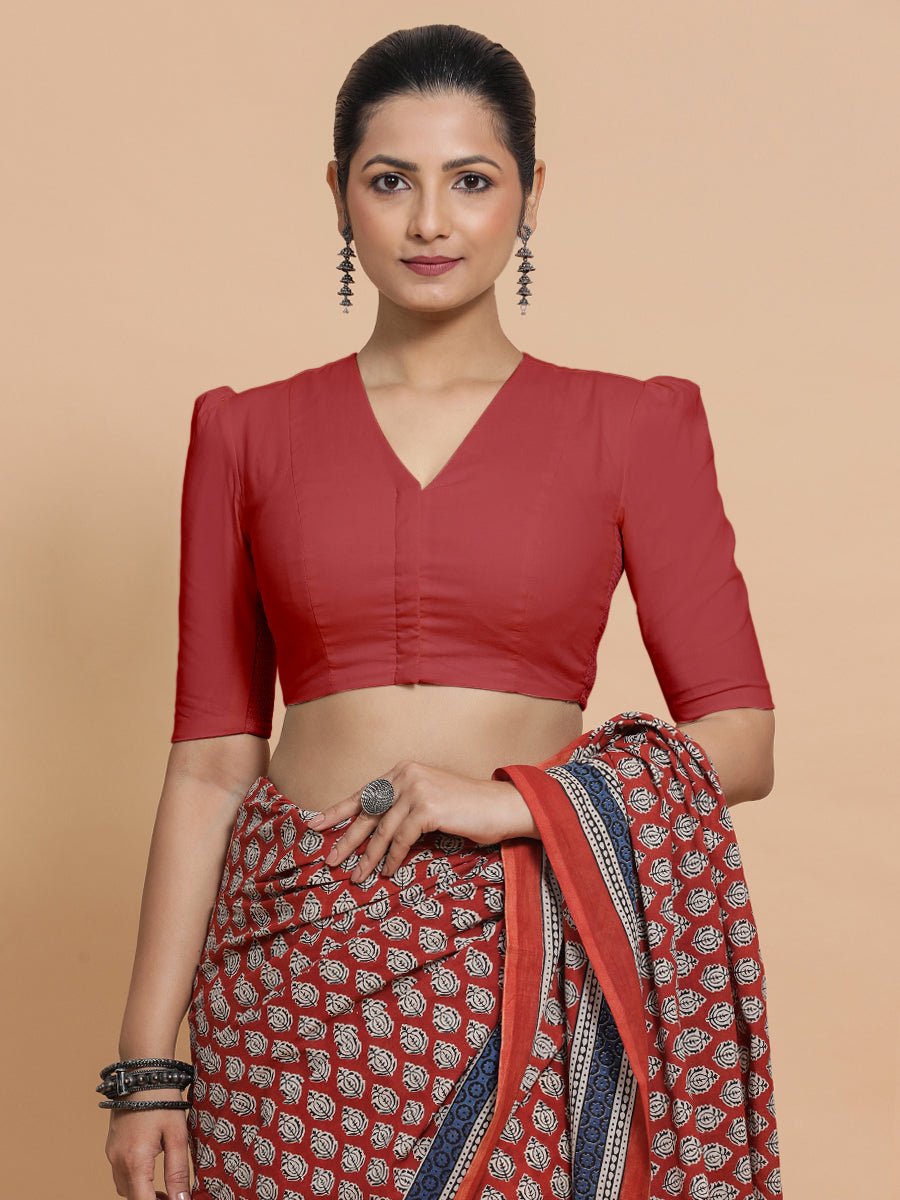 Kriti x Rozaana Saree Blouse, in Red 100% Cotton - Solid, featuring elbow sleeves and v-neckline, made for daily & work.
